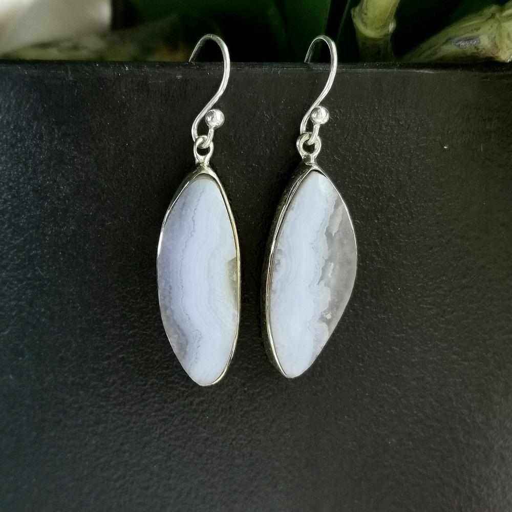 Blue Lace Agate Dangle Earrings Sterling Silver Handmade 🆕